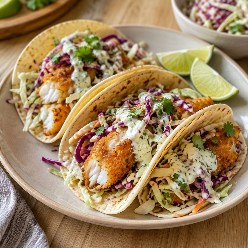 Tacos de poisson, chou croquant et sauce citron vert