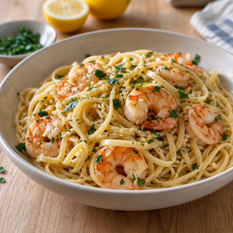 Linguine aux crevettes, ail et citron