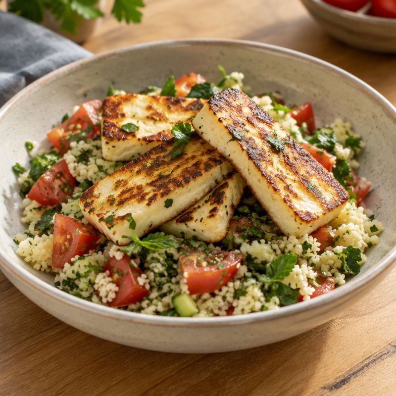 Halloumi grillé, semoule aux herbes et tomates