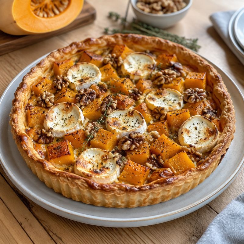 Tarte butternut, chèvre et noix