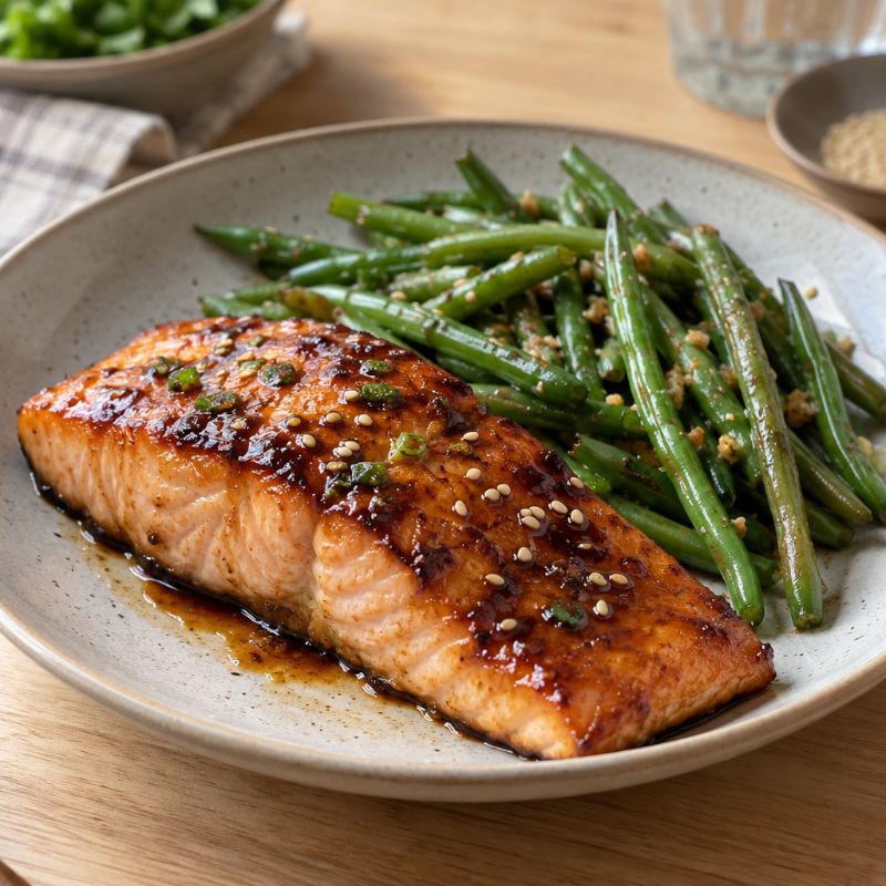 Saumon miel-soja et haricots verts