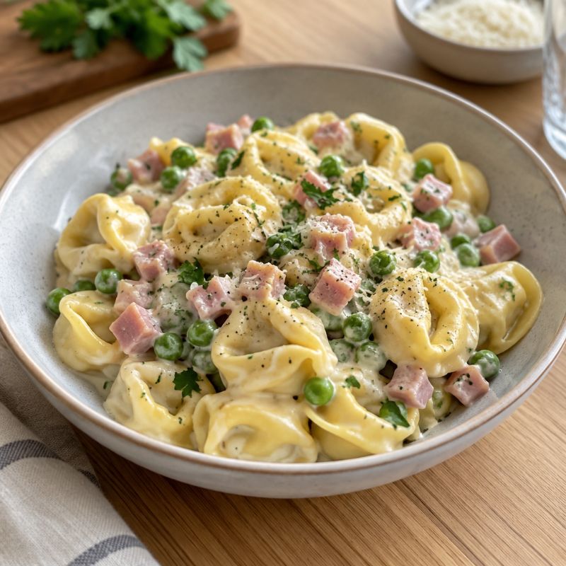 Tortellini à la crème, jambon et petits pois
