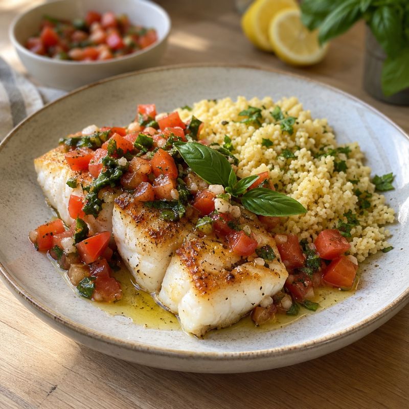 Cabillaud poêlé, sauce vierge et semoule