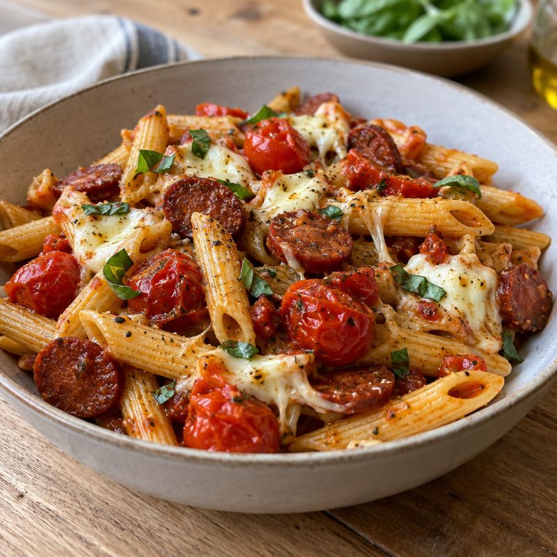 Pâtes au chorizo, tomates cerises et mozzarella