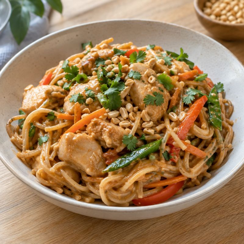 Nouilles sautées au poulet, sauce cacahuète