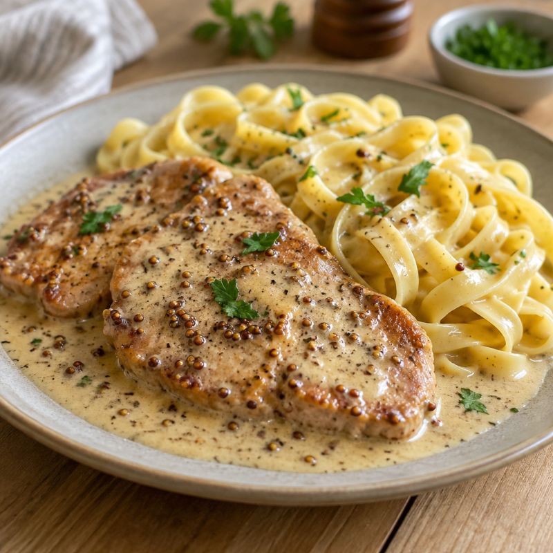 Escalopes de porc à la moutarde et tagliatelles