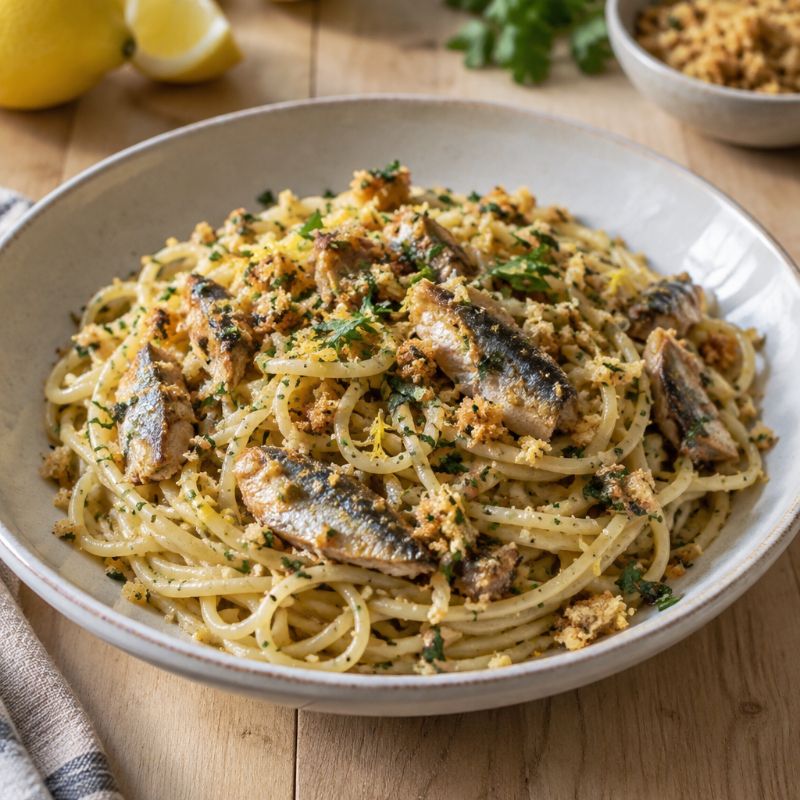 Spaghetti aux sardines, citron et chapelure dorée