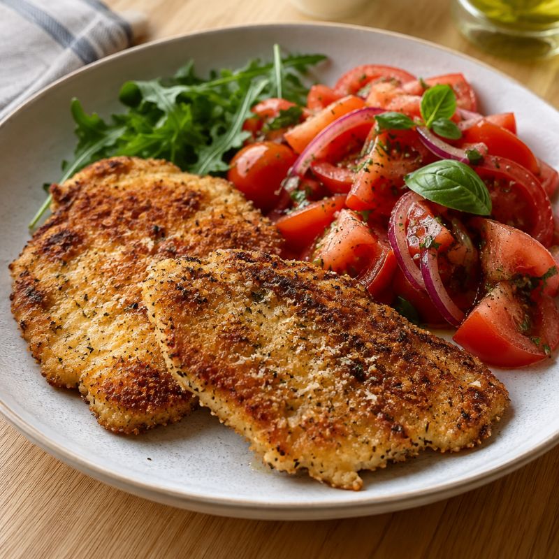 Poulet pané au parmesan et salade de tomates