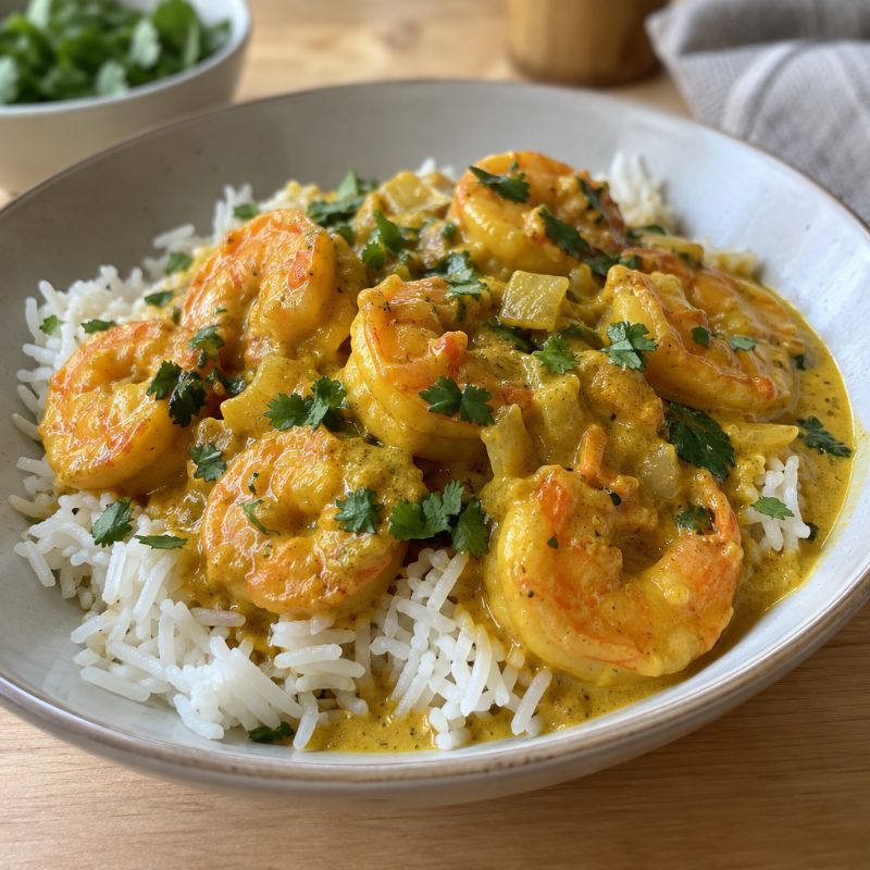Crevettes au curry et riz basmati